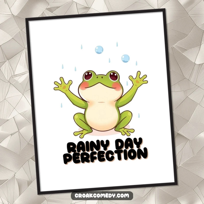 Funny poster of a small frog with arms outstretched, joyfully catching falling raindrops, capturing a moment of bliss.
