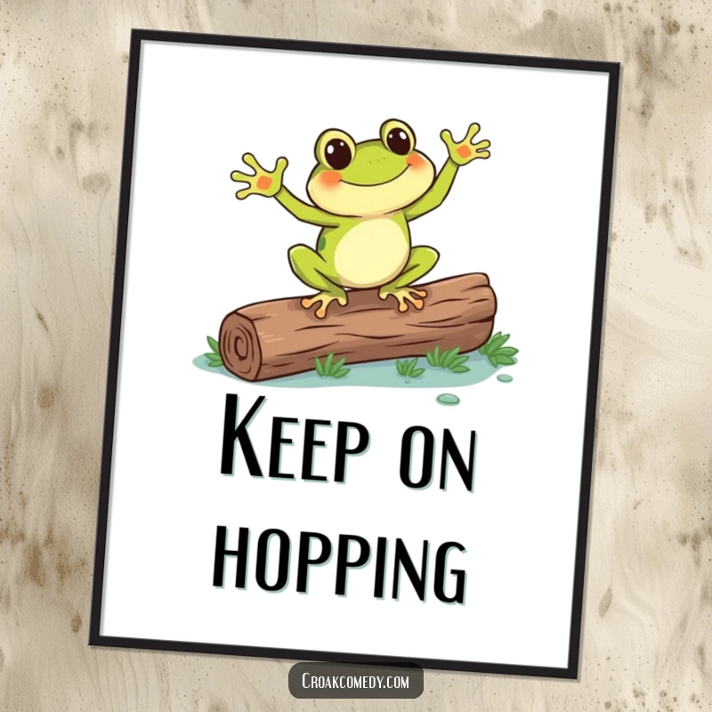 Funny frog in mid-dance on a log, a vibrant and humorous piece of wall art that brings cheer and personality.