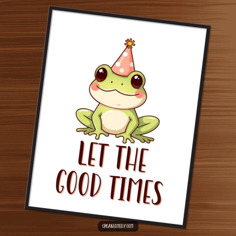 Funny Poster: A cheerful frog wearing a small party hat, radiating festive joy and a humorous party spirit, perfect for wall decor.