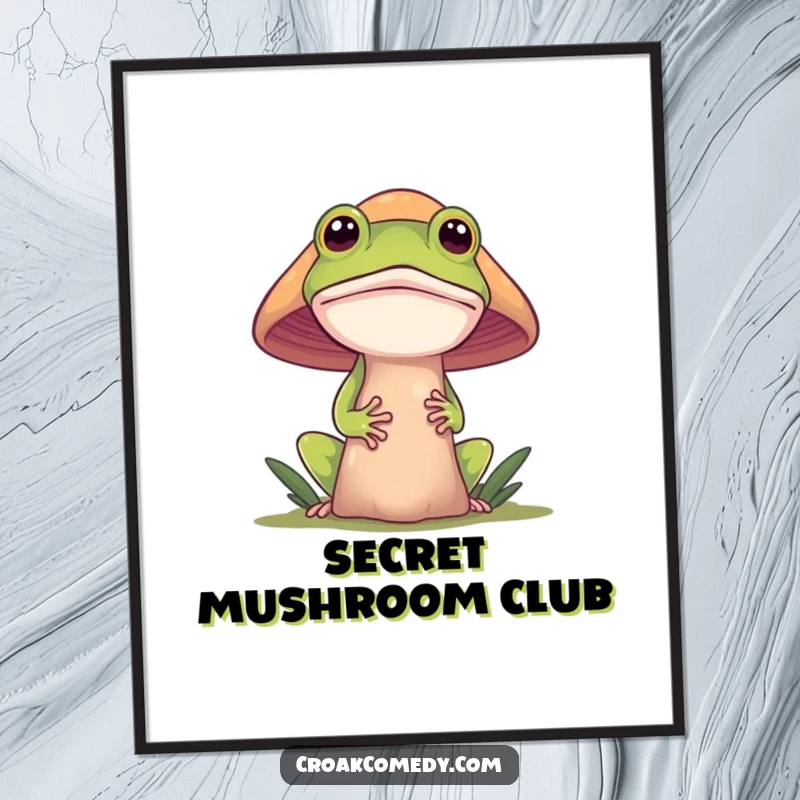 Funny frog poster, a curious frog peeking from behind a large mushroom, creating a whimsical scene perfect for adding charm.