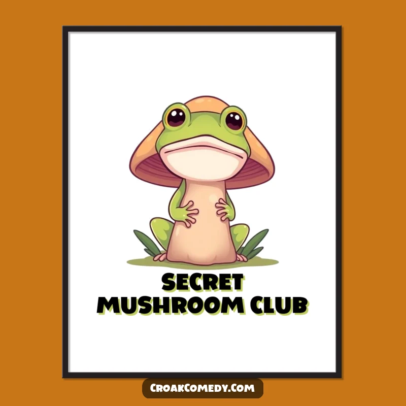 Funny Frog Mushroom Poster: Curious Art Print, Whimsical Funny Gift Decor