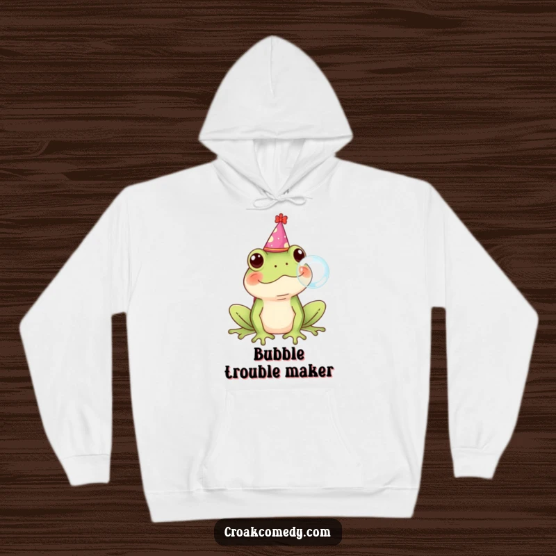 Funny Frog Hoodie, wearing a party hat, blowing a bubble, depicting a festive and humorous mood.