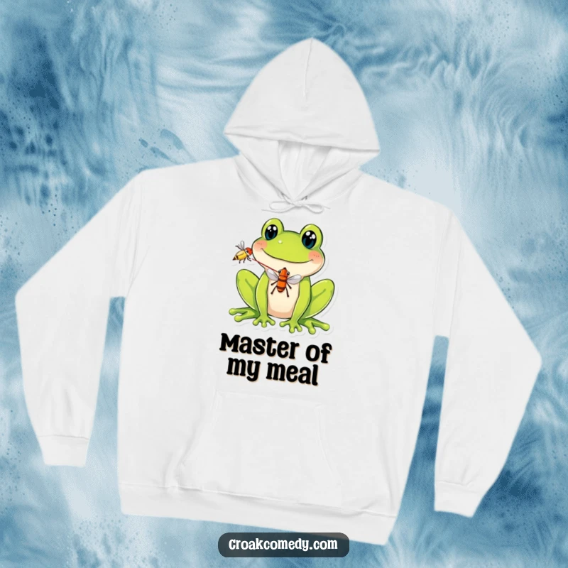 Funny Hoodie: A smiling frog caught in the act of balancing a fly on its tongue, offering warmth and a delightful, humorous graphic.