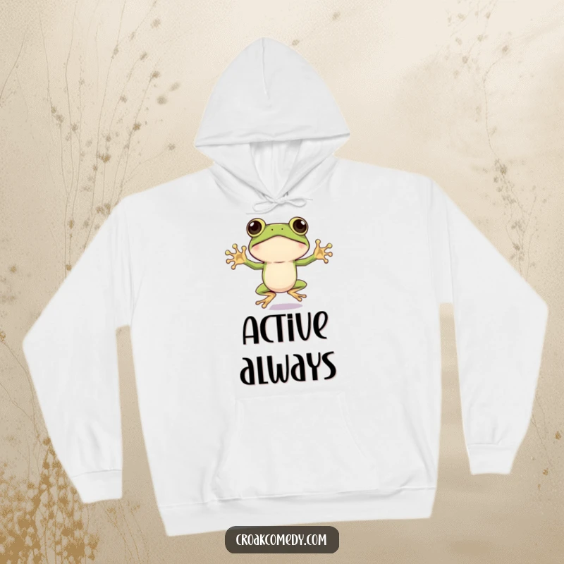 Funny Frog Hoodie: A big-eyed frog doing a jumping jack, perfect for staying cozy while channeling energetic vibes, a funny gift.