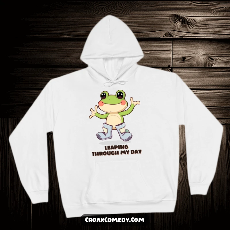 Funny frog hoodie, oversized boots, joyful hopping, cozy amphibian wear, nature-themed apparel, cute cartoon comfort.
