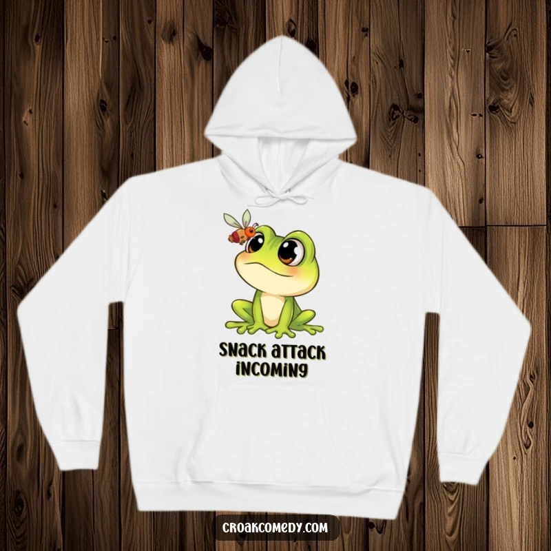 Funny Frog Hoodie: A big-eyed cartoon frog with an intense gaze fixed on a fly, a humorous wearable.
