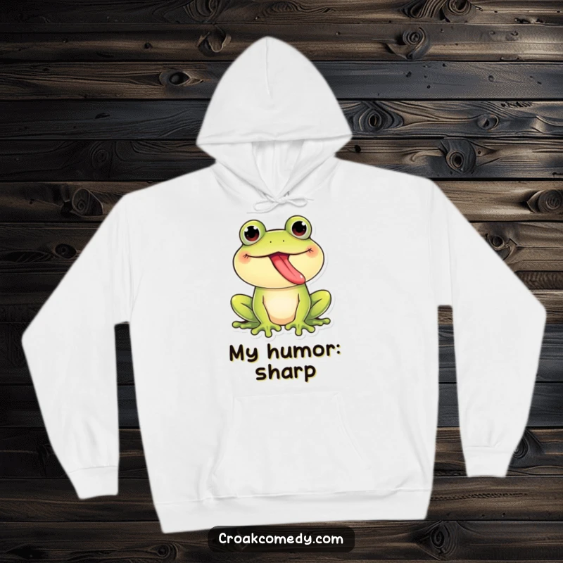 Funny Frog Hoodie: A giggling frog with tongue out design, radiating playful mischief, ideal for cozying up, a funny gift.