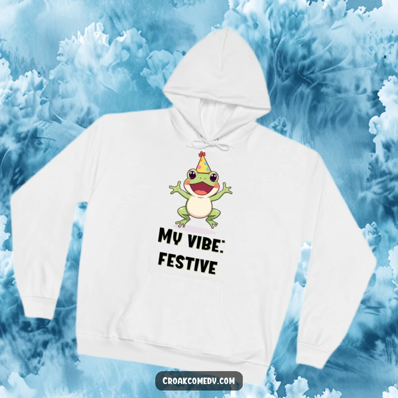 Funny Frog Hoodie: A cute, party-hat-wearing frog captured mid-hop, radiating excitement, perfect for cozying up or gifting, a funny gift.
