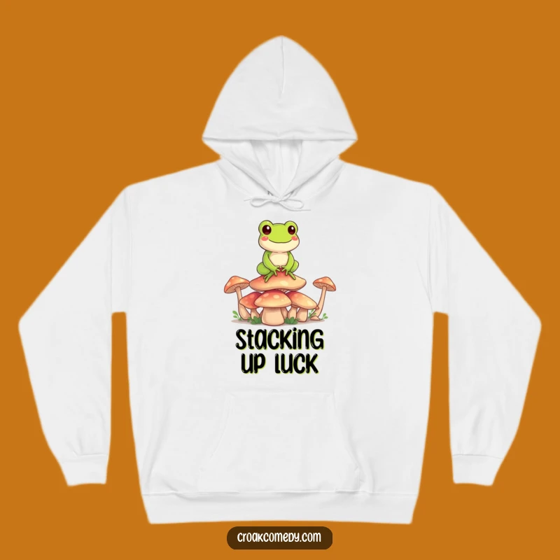 Funny Frog Fungi Master Hoodie: Happy Character's Mushroom Stack, Cozy Funny Gift