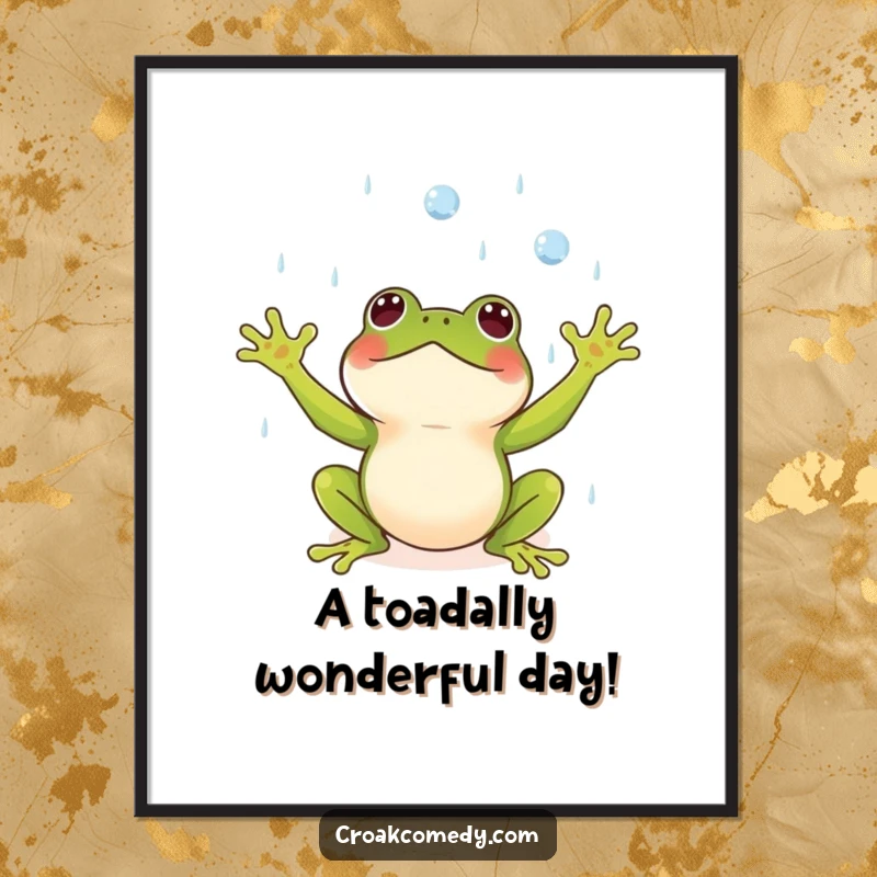 Funny Free Printable Wall Art: Small frog with arms outstretched, catching raindrops with delight, a charming art piece.