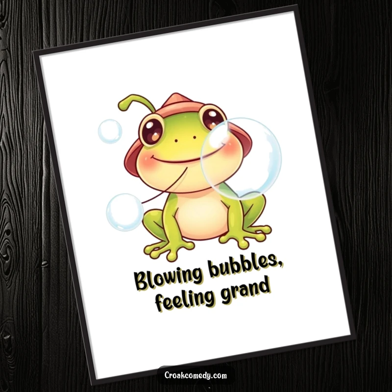 Funny free printable wall art of a smiling frog wearing a tiny hat blowing large, colorful bubbles.