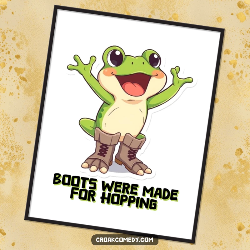 Funny Free Printable Wall Art: Excited frog wearing oversized boots, bringing a playful vibe.