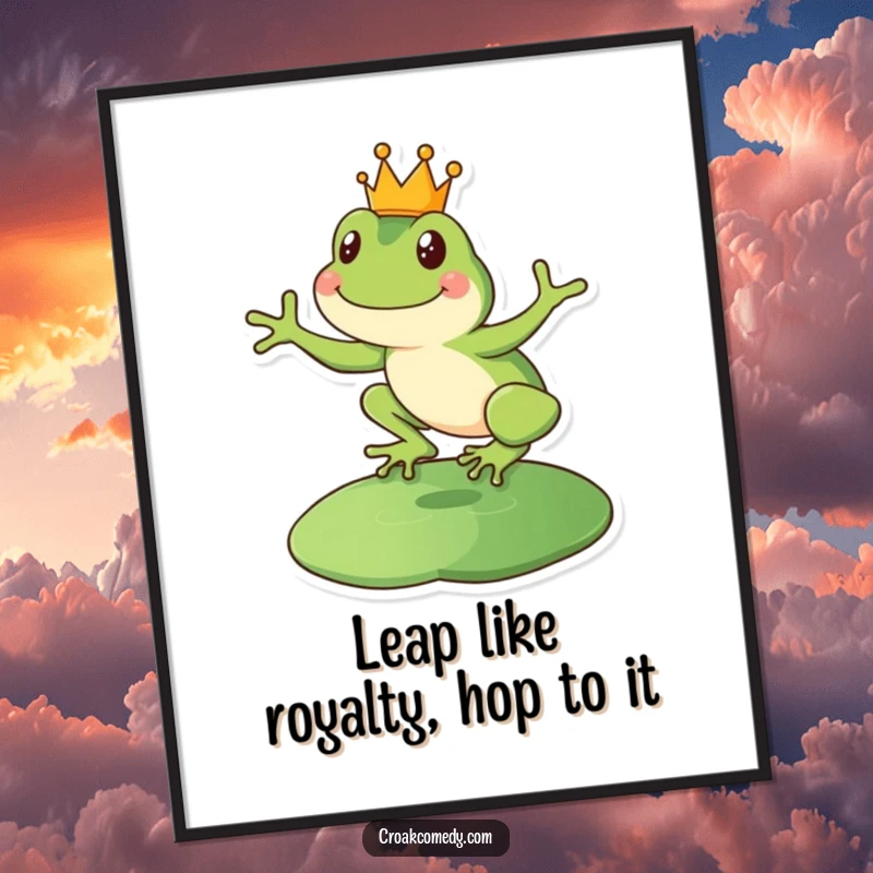 Funny Free Printable Wall Art of a happy frog wearing a tiny crown, leaping onto a lily pad with grandeur.