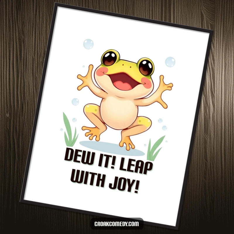 Funny free printable wall art: an excited frog gleefully jumping between shimmering dewdrops, capturing pure joy.