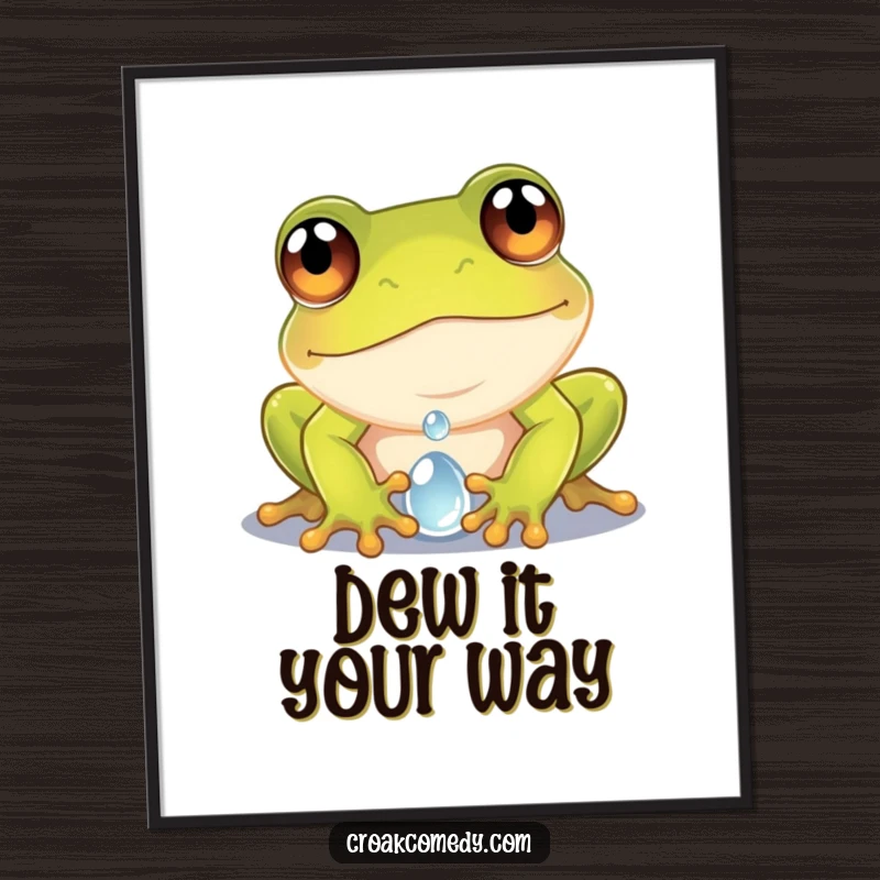 Funny Free Printable Wall Art: A curious frog with oversized, wide eyes peering intently into the reflective surface of a dewdroplet.