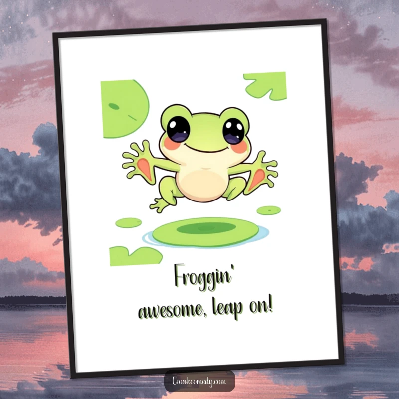 Funny Free Printable Wall Art: Cute frog character joyfully leaping from lily pad to lily pad, a playful art piece.