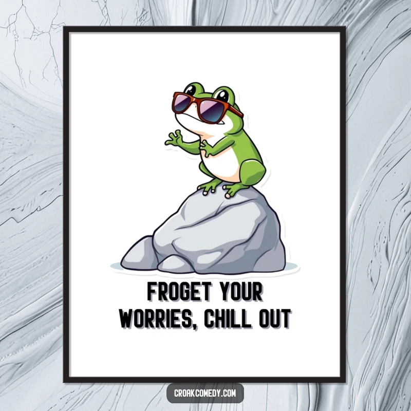 Funny Free Printable Wall Art: A frog wearing dark sunglasses, confidently balancing on a rock, exuding cool.