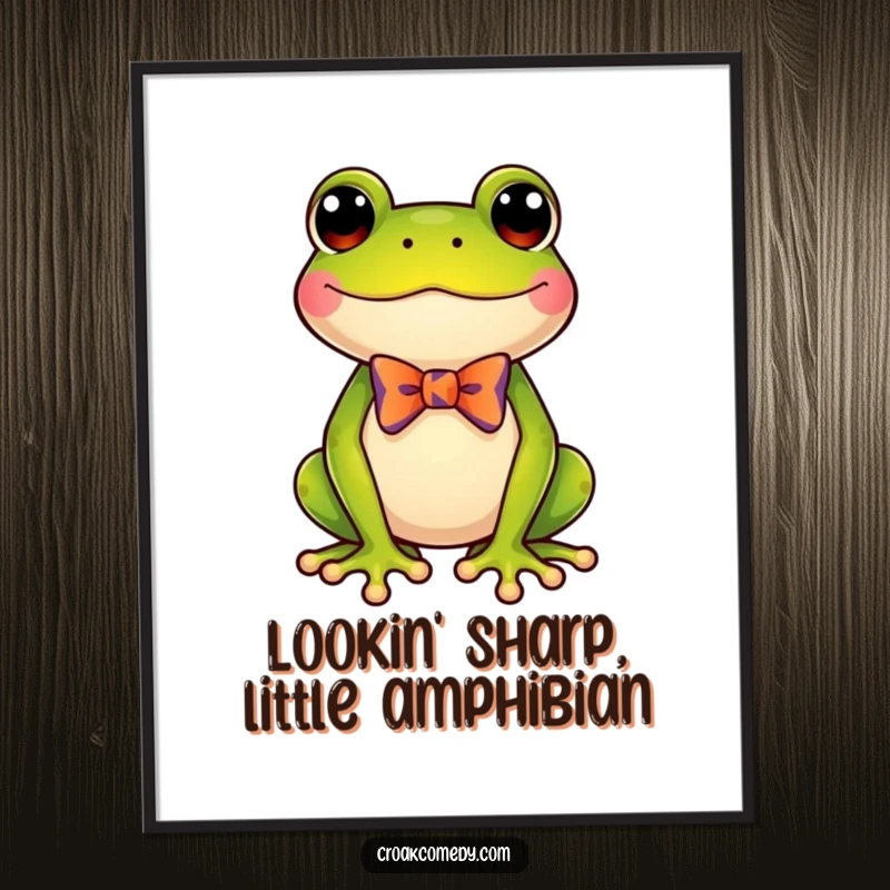 Funny Free Printable Wall Art: A delighted frog sporting a tiny, colorful bow tie, exuding sophisticated humor for any room.