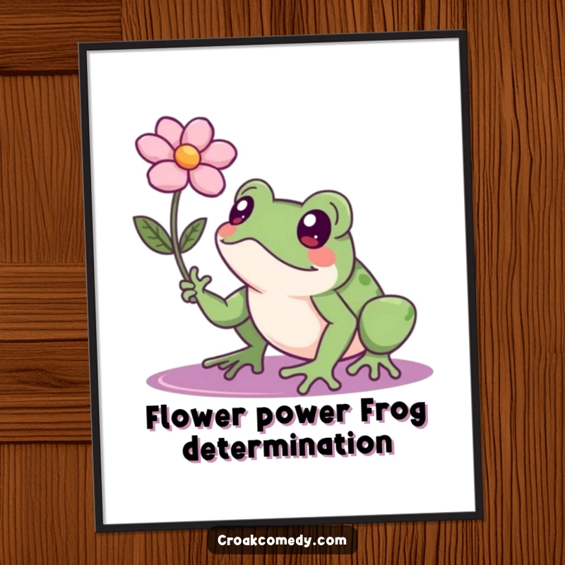 Funny Free Printable Wall Art: A frog intensely focuses on reaching a flower floating just out of grasp.