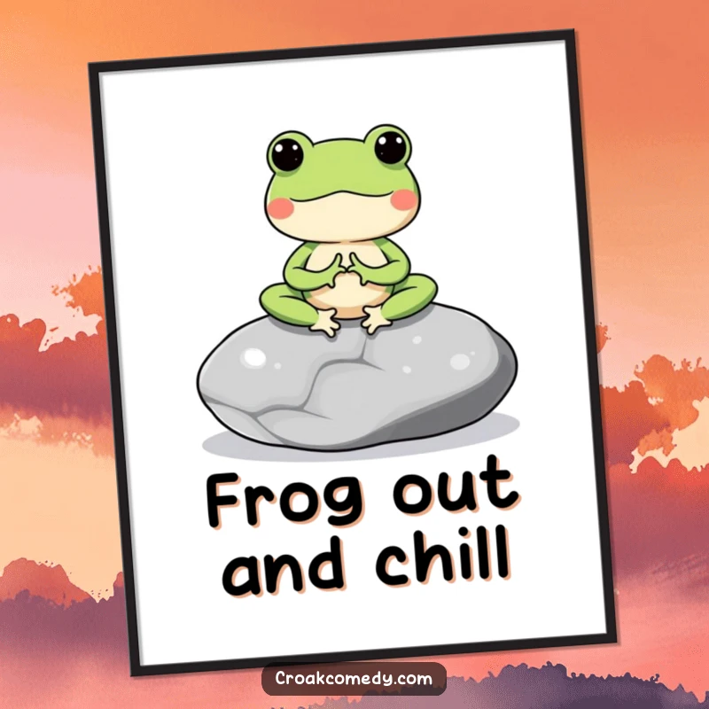 Funny Free Printable Wall Art: A frog meditates peacefully on a smooth grey stone, radiating calm.