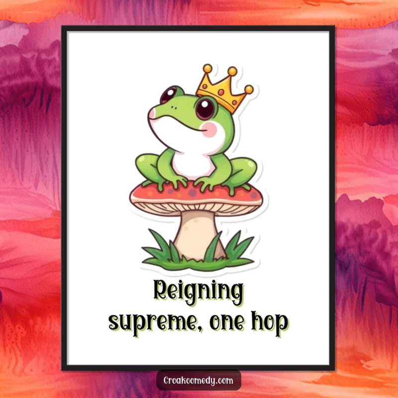 Funny Free Printable Wall Art: A frog wearing a tiny crown sits regally on a mushroom, exuding majestic charm.
