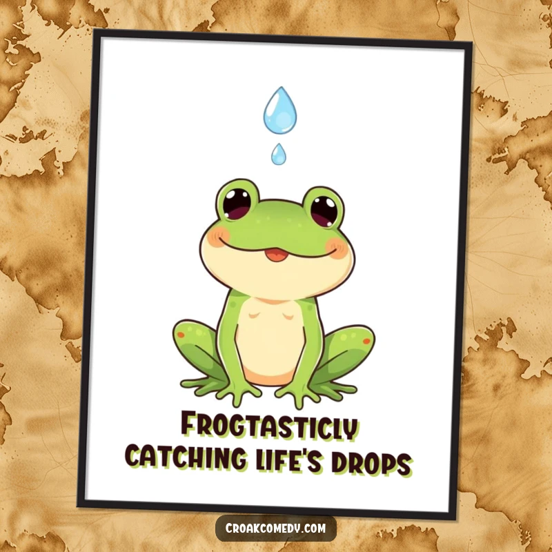 Funny Free Printable Wall Art: A gleeful frog with a wide smile catches a single falling raindrop.