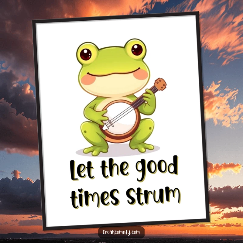 Funny Free Printable Wall Art: Cheerful frog playing a tiny banjo, bringing a lively vibe.