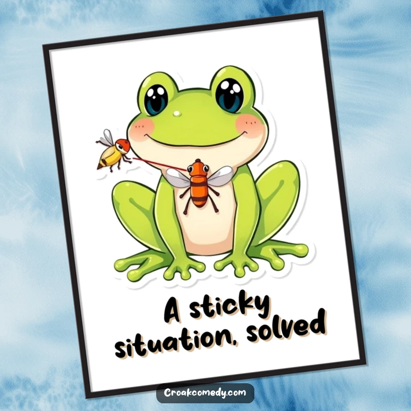 Funny Free Printable Wall Art showing a smiling frog with its tongue extended, perfectly balancing a fly.