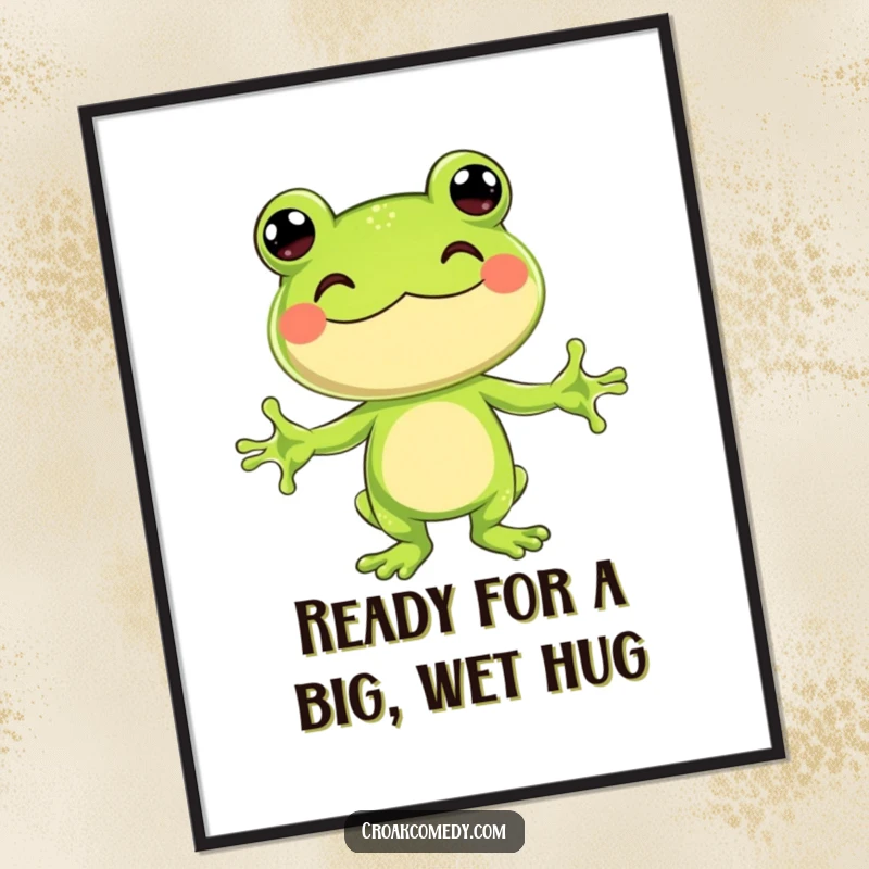 Funny Free Printable Wall Art: Jubilant frog character with arms outstretched, inviting everyone for a warm, friendly hug.