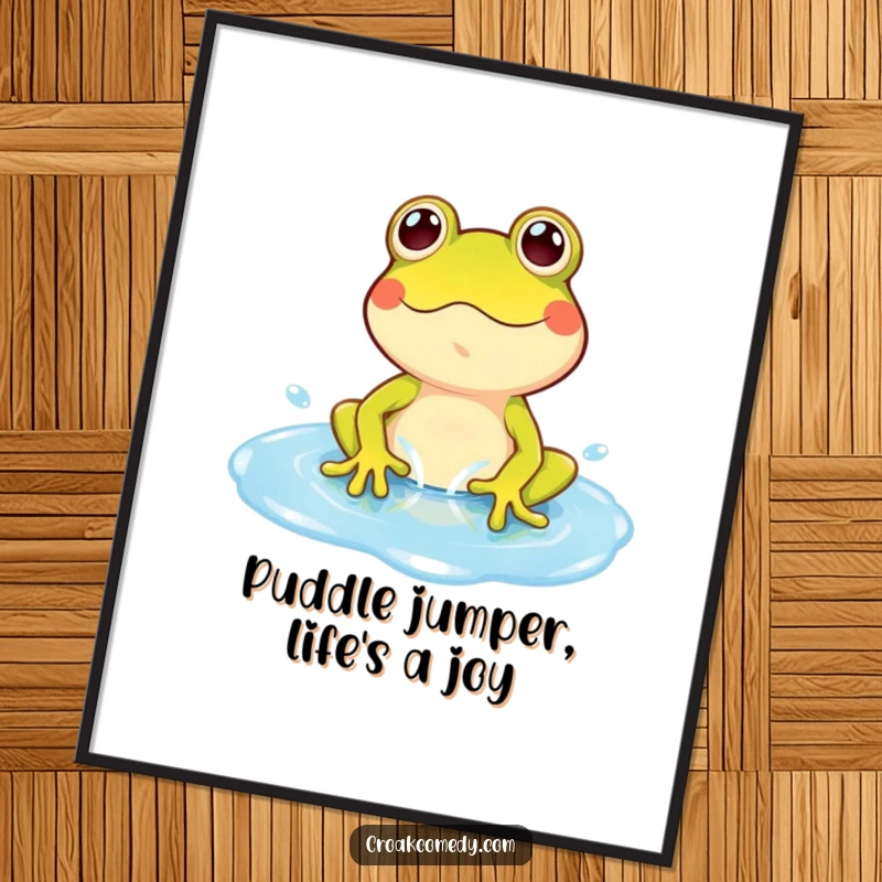 Funny Free Printable Wall Art: A happy cartoon frog energetically splashing in a vibrant blue puddle, evoking pure childhood joy.