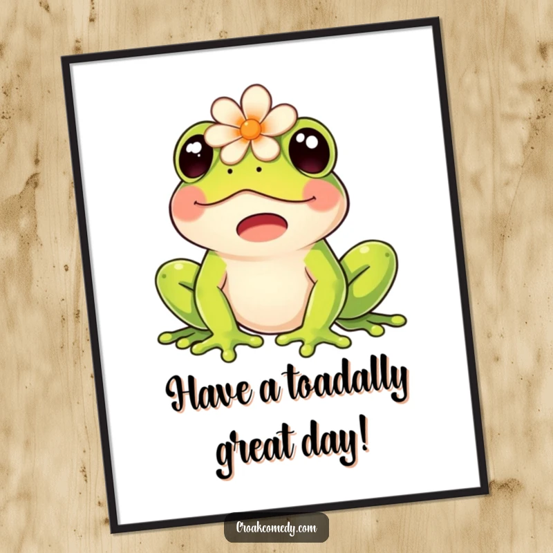 Funny Free Printable Wall Art: A cheerful frog with a delicate flower on its head is depicted letting out a happy, contented croak.