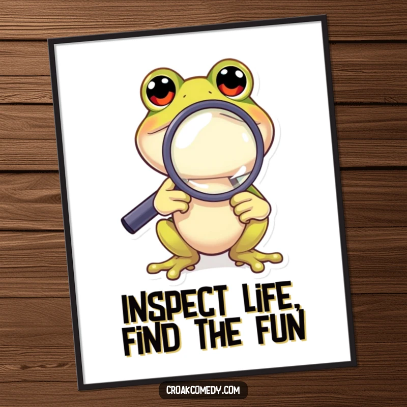 Funny Free Printable Wall Art: A cartoon frog intently peers through a magnifying glass, revealing the tiny details of its world.