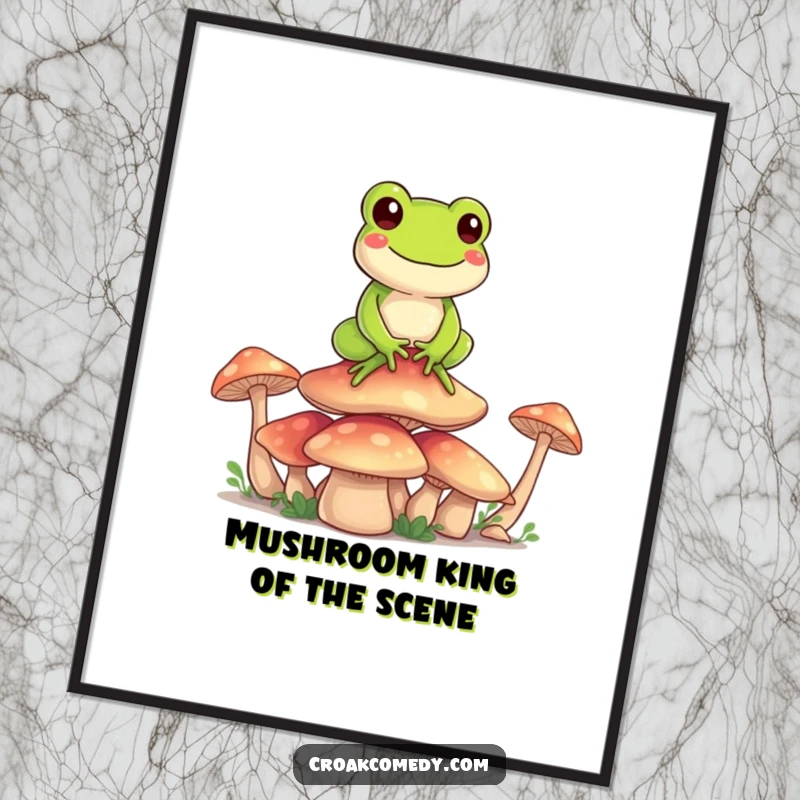 Funny Free Printable Wall Art: A happy cartoon frog gracefully balances on a tall stack of colorful mushrooms in a serene pose.