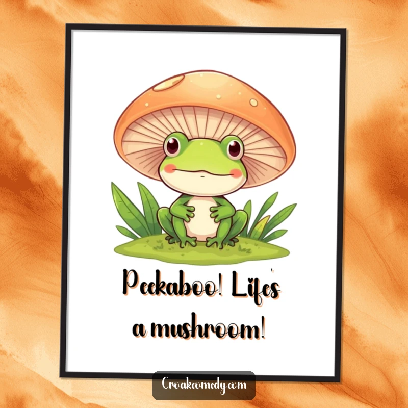 Funny free printable wall art: a curious frog smiling as it peeks from behind a large, detailed mushroom.