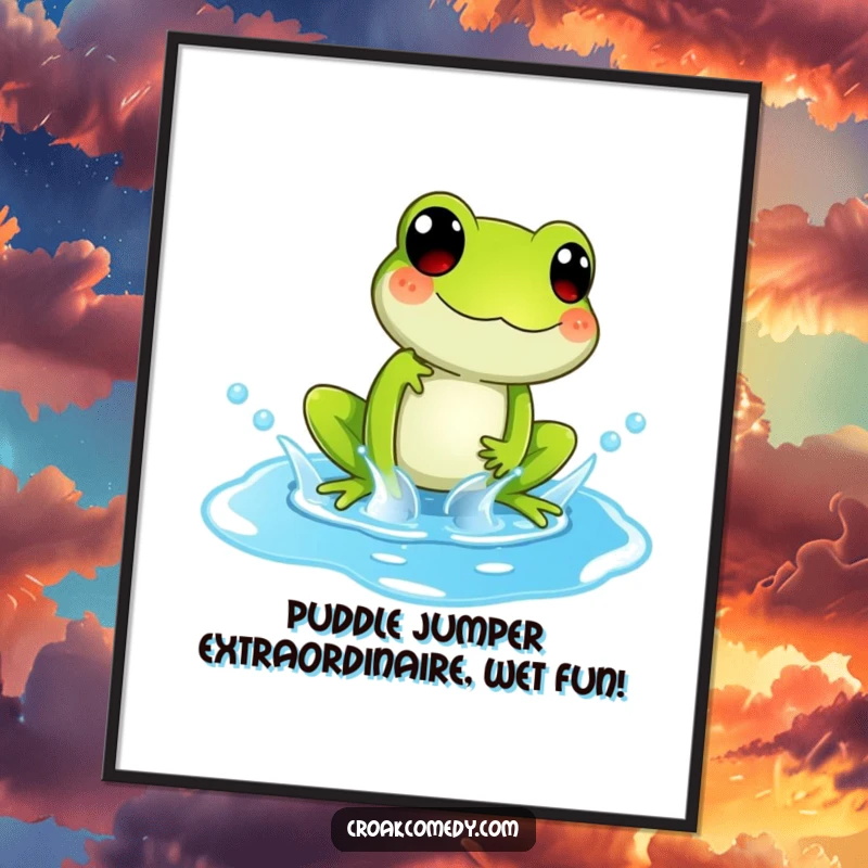 Funny Free Printable Wall Art: Playful frog gleefully splashing in a bright blue puddle, full of energy.