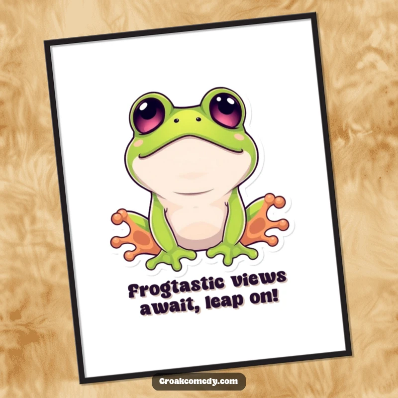 Funny Free Printable Wall Art of a surprised frog with wide eyes looking upwards, a humorous, quirky piece.