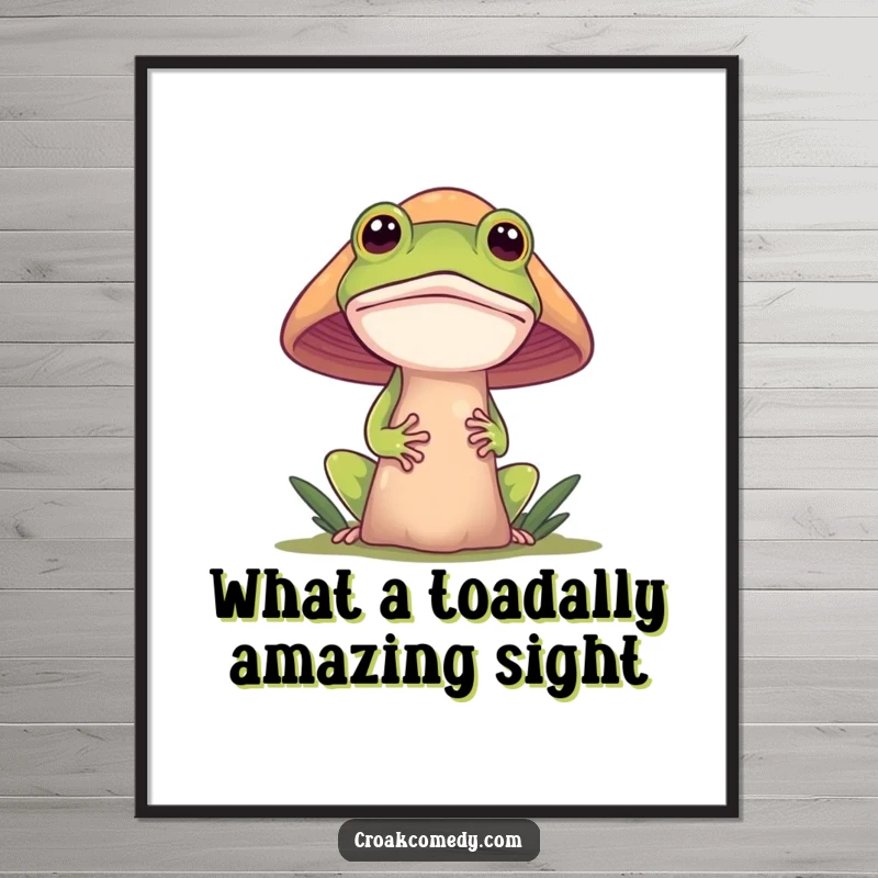 Funny Free Printable Wall Art of a small, curious frog peeking from behind a large, detailed mushroom in a whimsical setting.