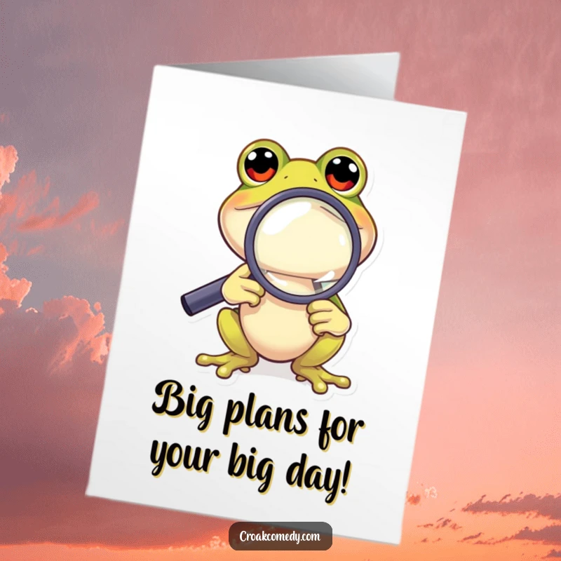 Funny Free Printable Birthday Card: A cartoon frog peers intently through a magnifying glass, searching for birthday wishes.