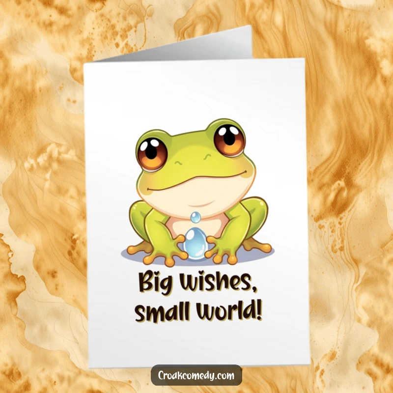 Funny Free Printable Birthday Card: A curious frog with wide eyes intently peering into a perfectly round dewdroplet.