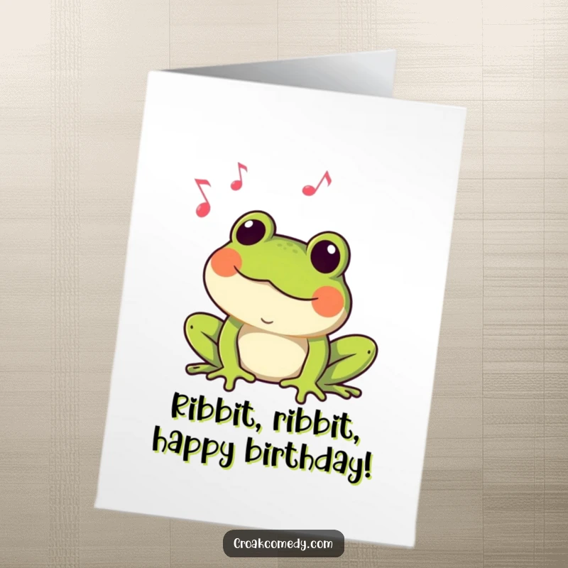 Funny Free Printable Birthday Card featuring a happy frog singing loudly with musical notes floating above its head.