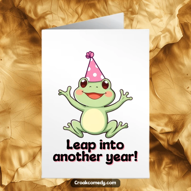 Funny Free Printable Birthday Card: A jubilant frog wearing a small party hat leaps high in the air.