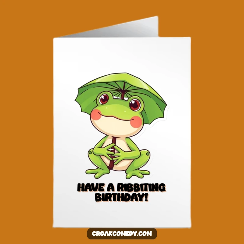 Free Printable Birthday Card: Frog with Lily Pad Umbrella - Funny Downloadable Joyful Gift