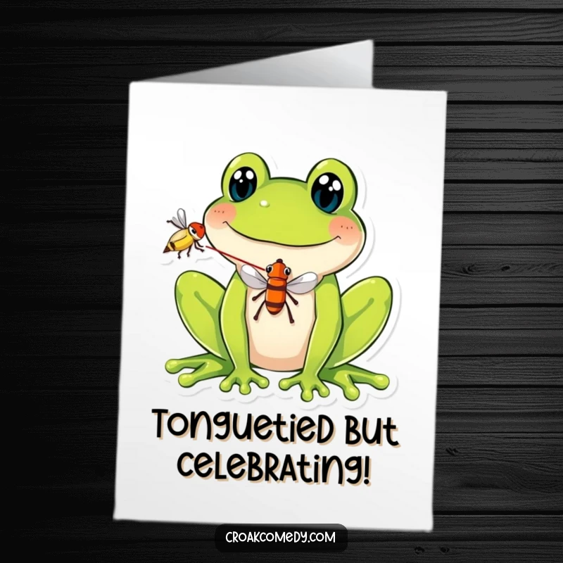 Funny Free Printable Birthday Card: A frog with a wide, happy smile has a fly perfectly balanced on its long tongue.