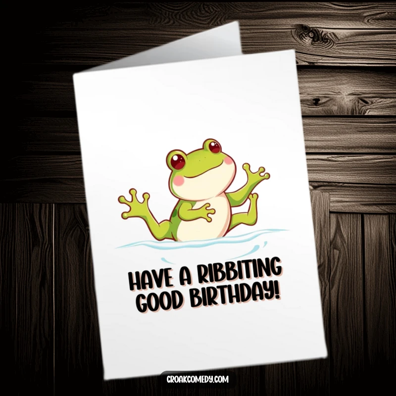 Funny Free Printable Birthday Card featuring a cartoon frog joyfully kicking legs while swimming with a big smile.