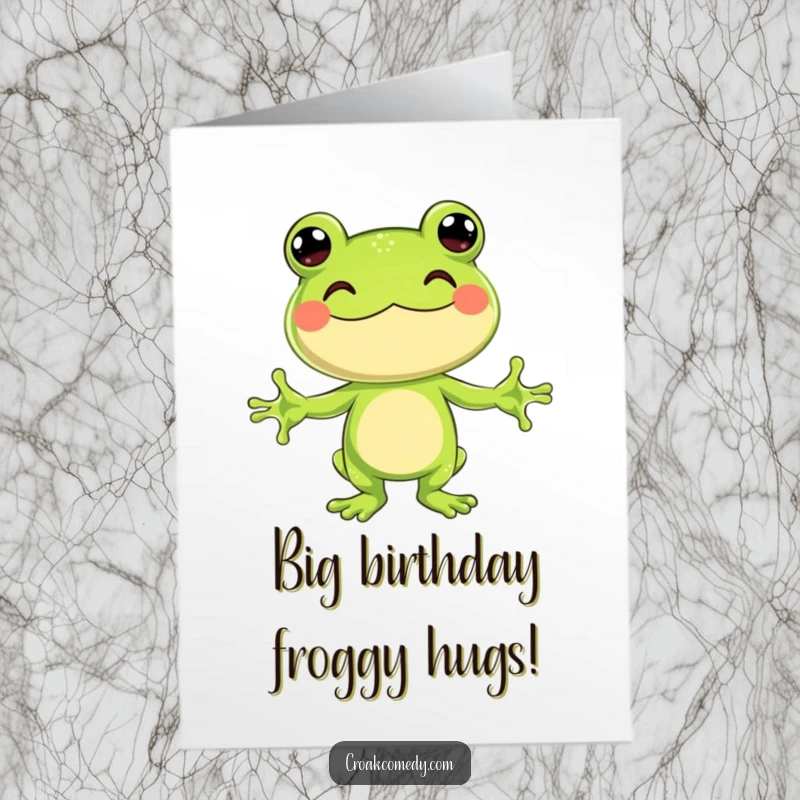 Funny Free Printable Birthday Card: Jubilant frog with arms wide open, ready to give a big, warm birthday hug.