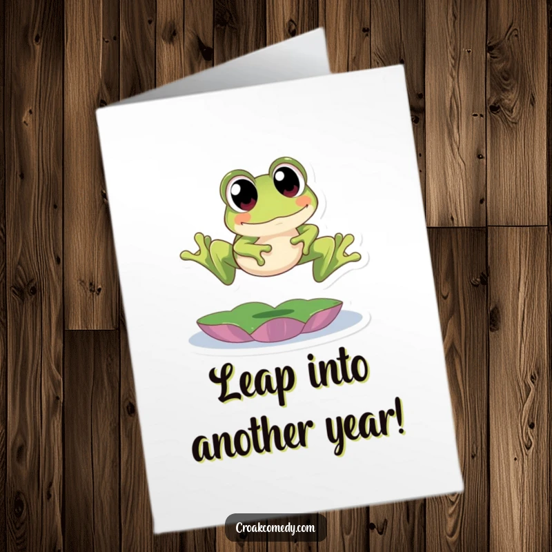 Funny Free Printable Birthday Card: A cute frog with huge eyes mid-leap over a vibrant green lily pad.