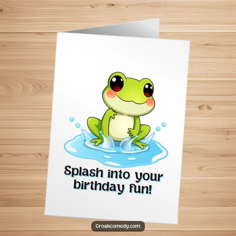 Funny Free Printable Birthday Card: Playful frog splashing joyfully in a bright blue puddle, celebrating with glee.