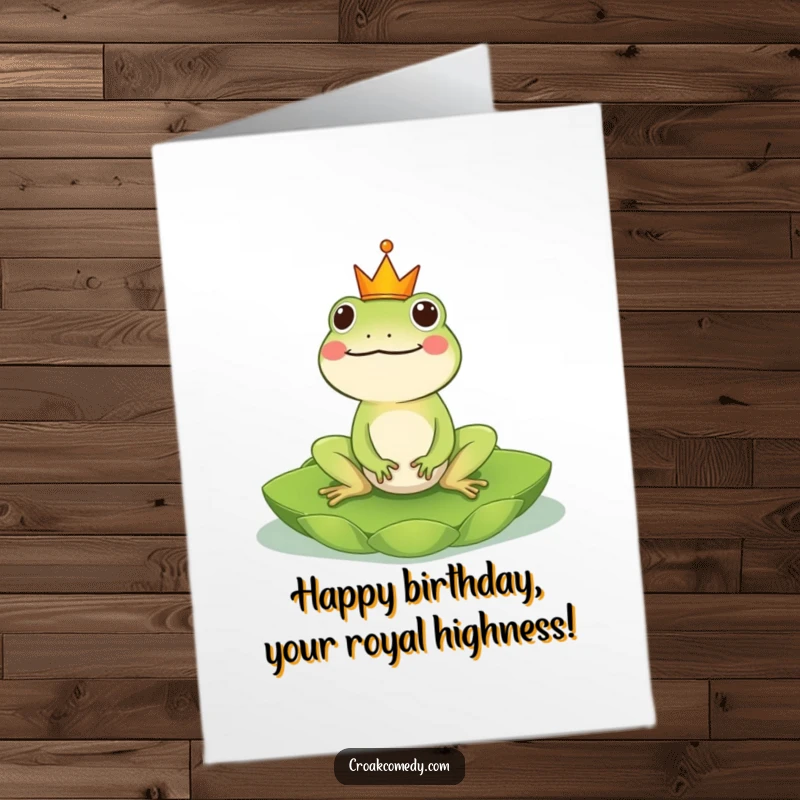 Funny Free Printable Birthday Card: A cheerful frog in a tiny crown rides a lily pad, a downloadable gift for a royal celebration.