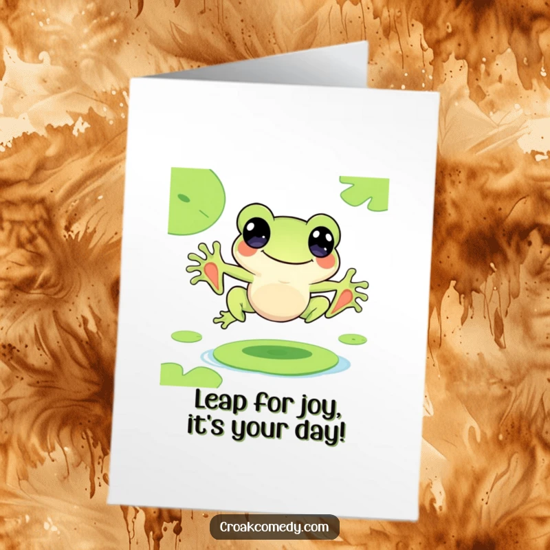 Funny Free Printable Birthday Card: Cute frog character joyfully leaping from lily pad to lily pad, celebrating a birthday.