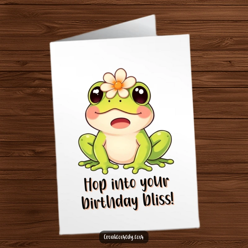 Funny Free Printable Birthday Card: A happy frog with a flower perched on its head lets out a joyful croak.
